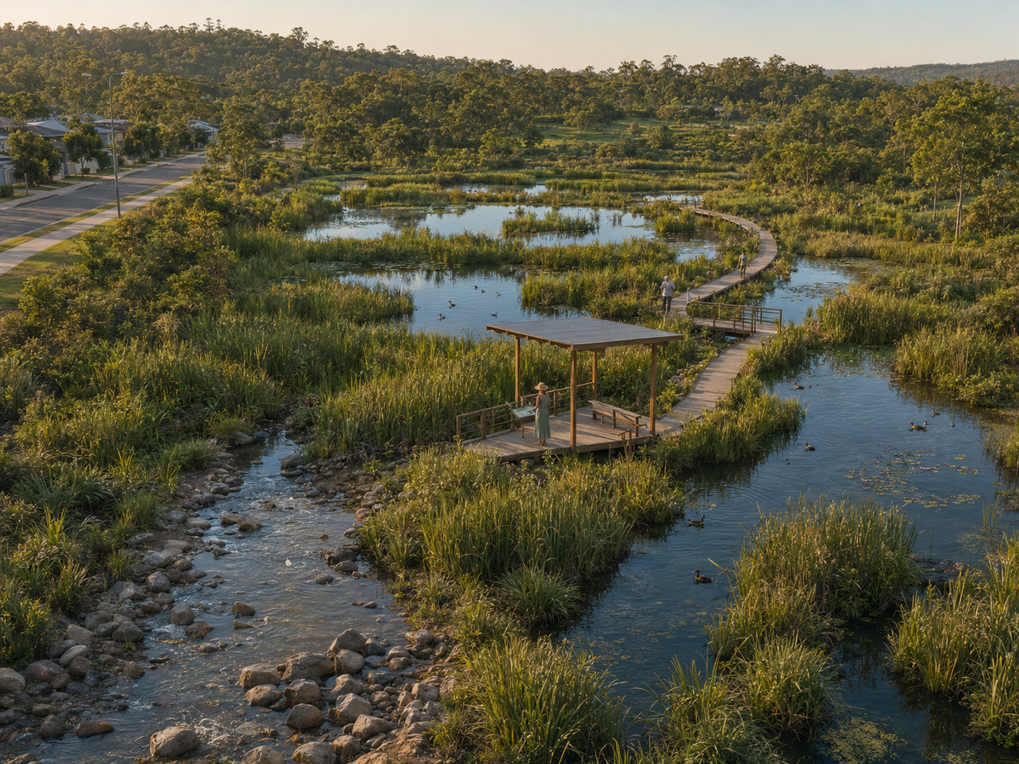 Concept rendering of a boardwalk winding through filtration wetlands with a viewing shelter, native plants and hills beyond.
