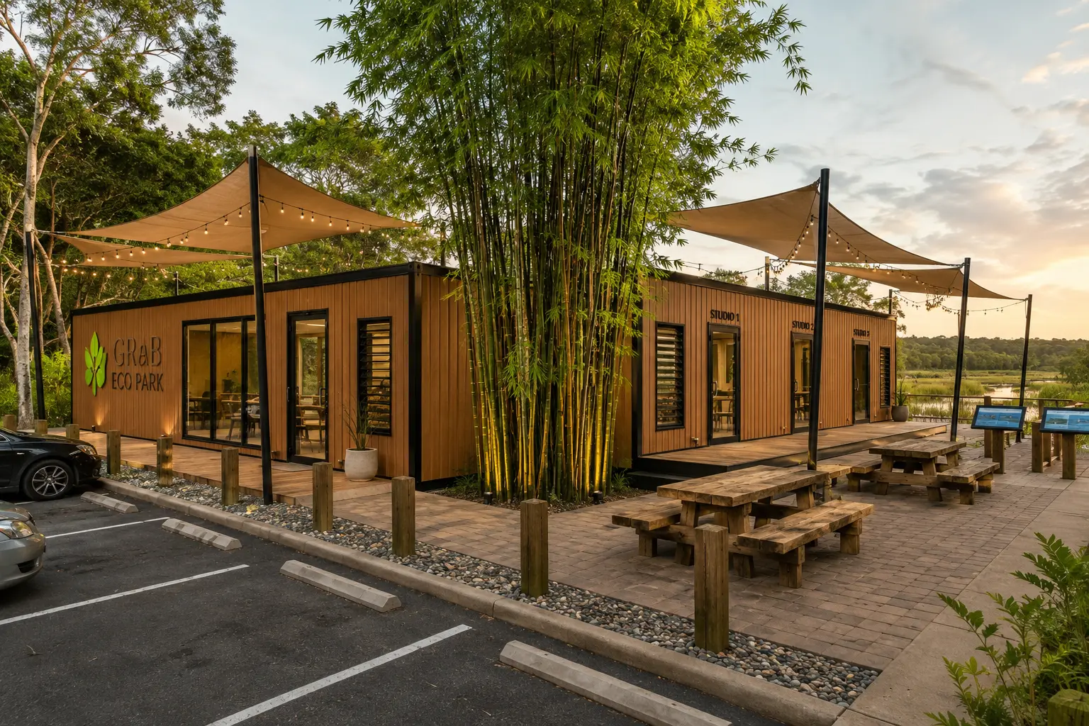 Concept rendering of the GRaB Eco Park hub, with timber-clad studios, shade sails and picnic tables set among tropical trees.