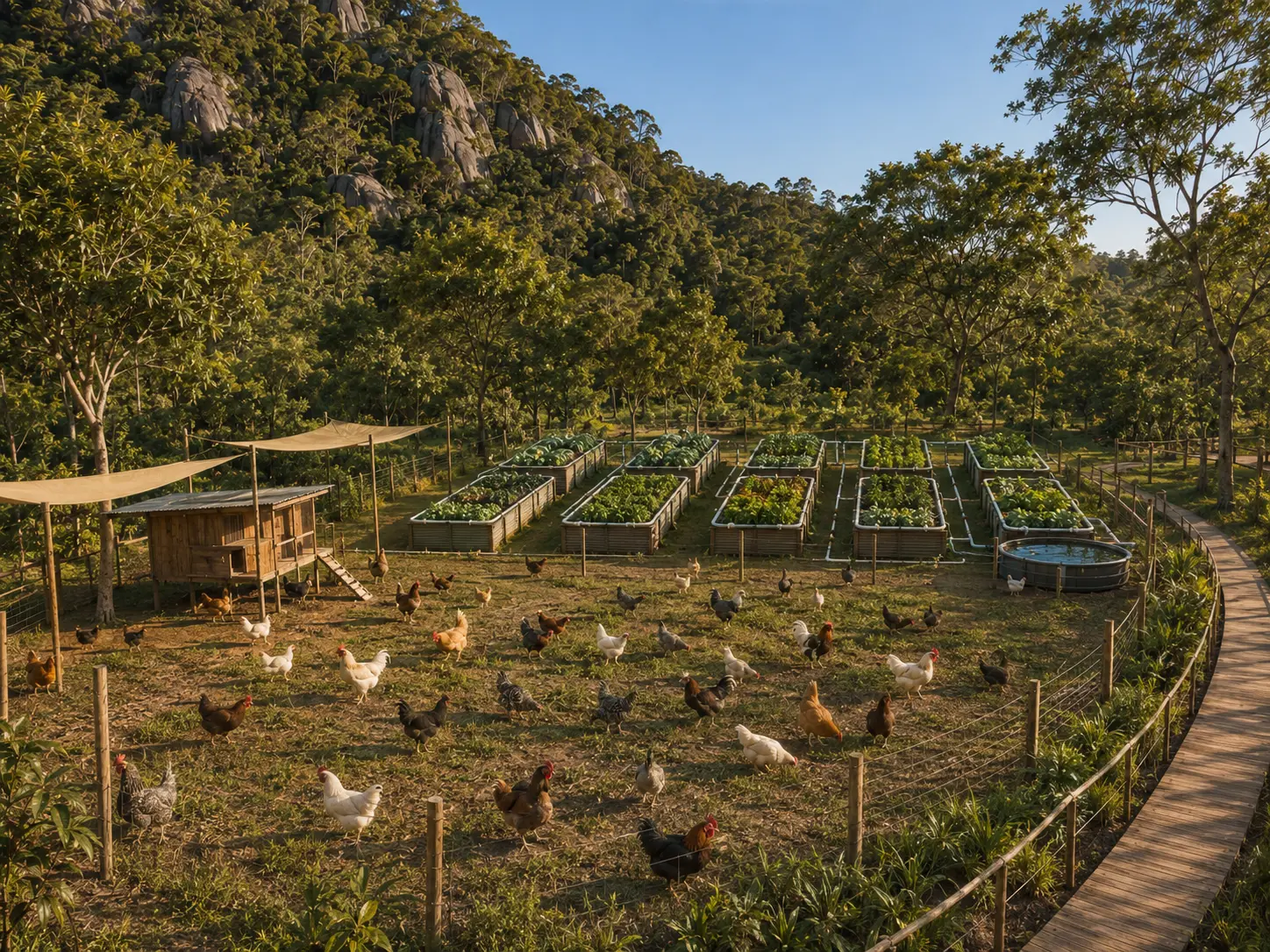 Concept rendering of raised vegetable beds, a chicken run and a small shed with rocky hills and forest in the background.