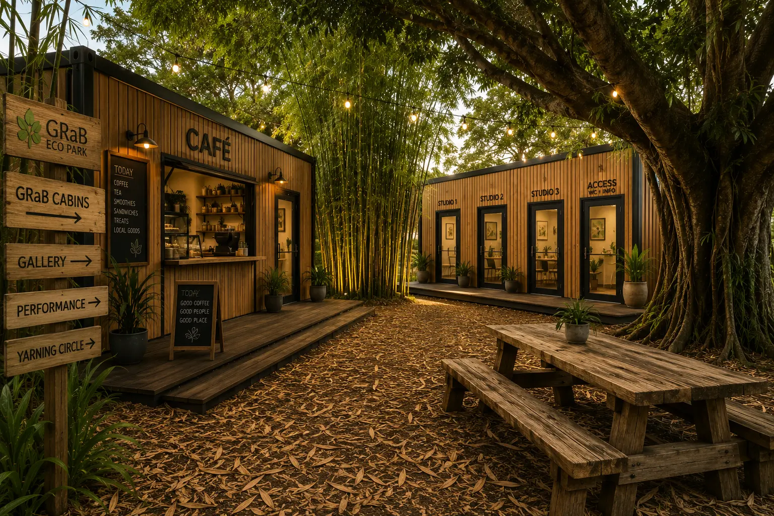 Concept rendering of the GRaB Eco Park café and cabins, with timber buildings, string lights and a signpost pointing to the gallery, performance space and yarning circle.