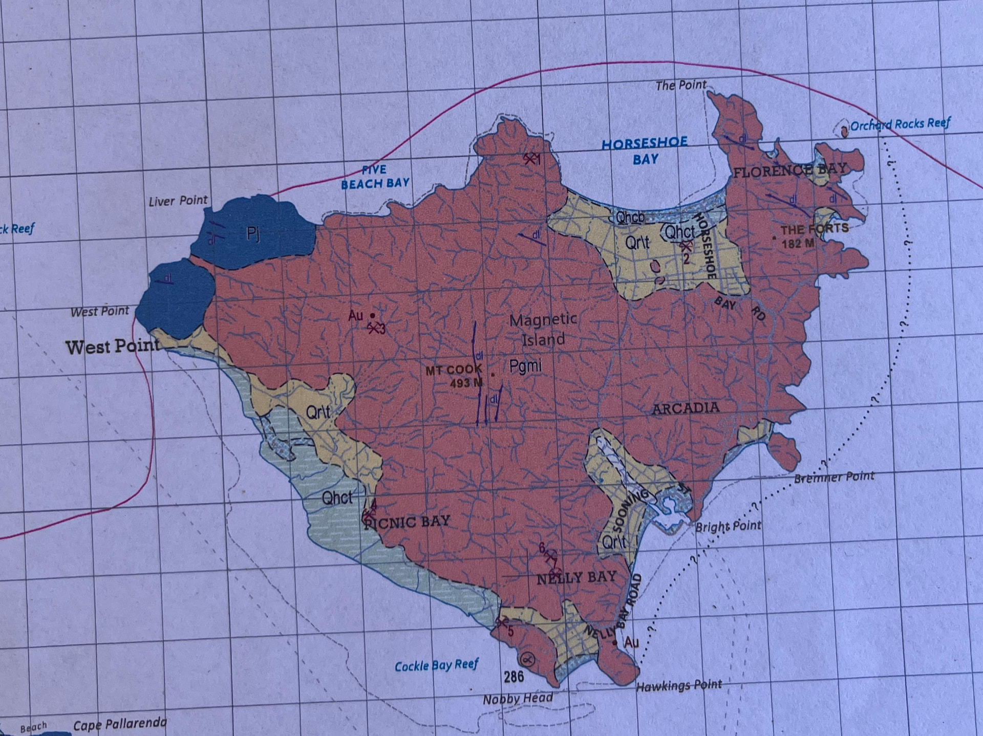 Geological map of Magnetic Island showing ancient volcanic rock formations