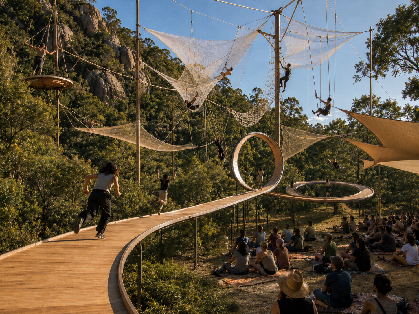 Concept rendering of an adventure play structure with net bridges, a spiral walkway and people climbing above the woodland.