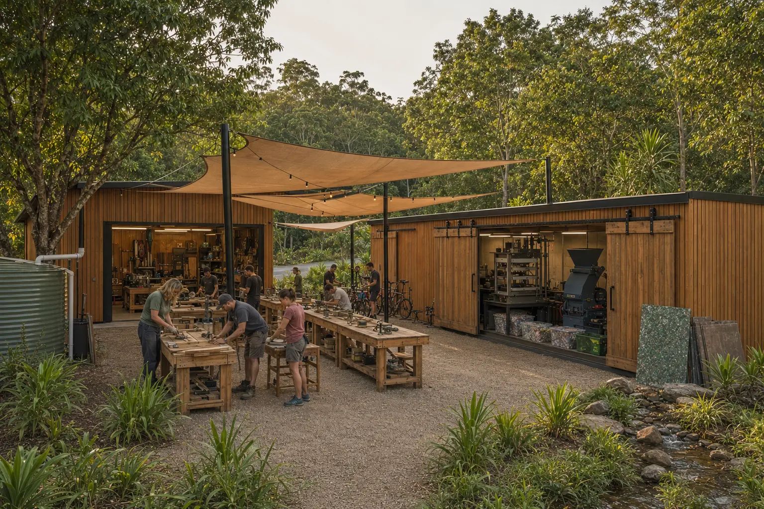 Concept rendering of the making lab with open timber workshops, people working at benches, tools, bikes and recycling equipment.